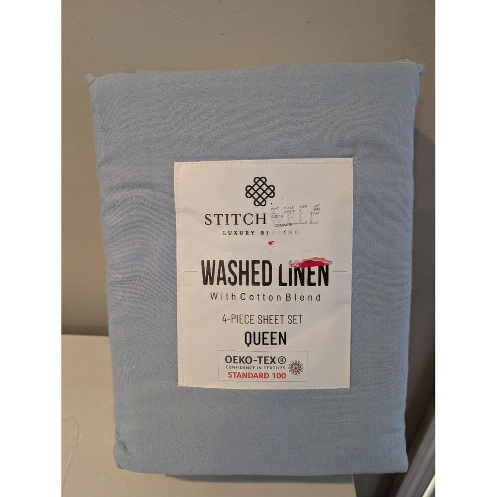 StitchWell Linen Blue Queen Sheet Set